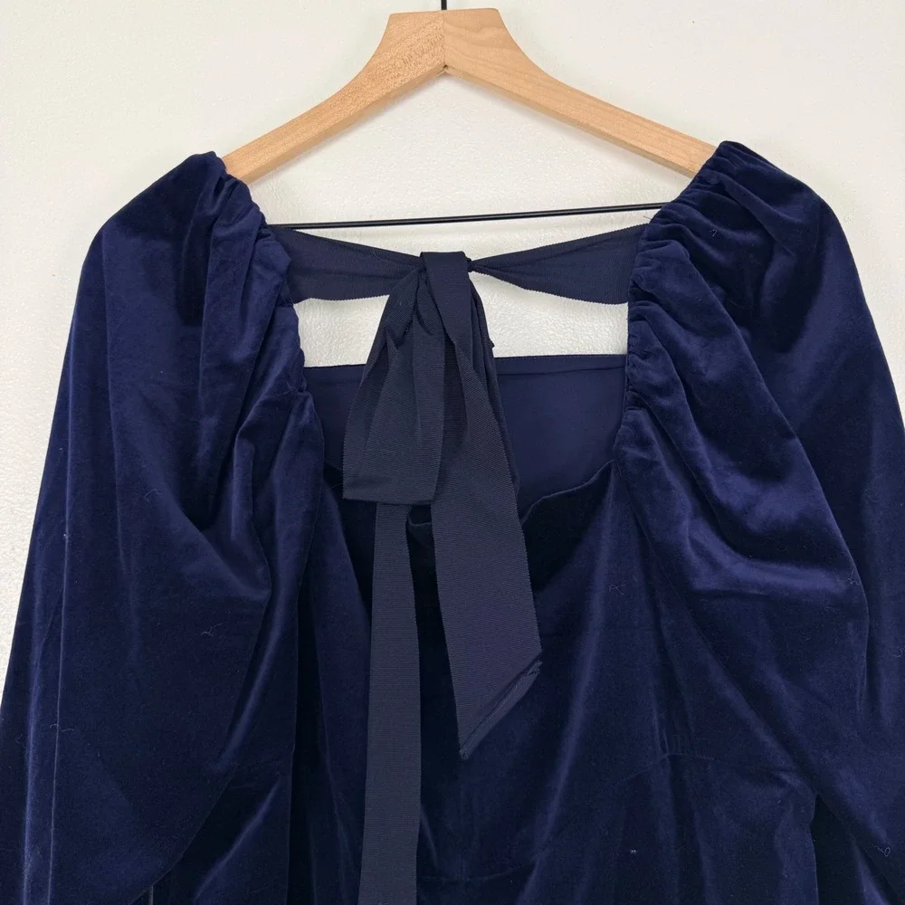 Banana Republic Velvet Top Womens L Navy Blue Puff Sleeve Bow Back Square Neck